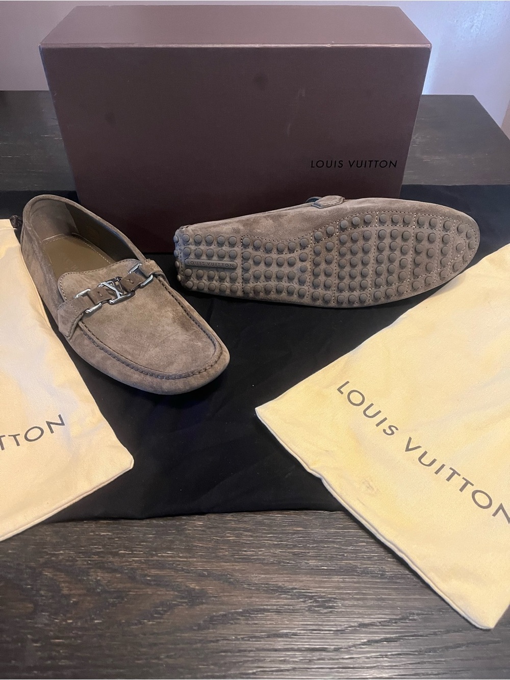 Louis Vuitton Men’s Suede Loafers in Taupe Gray with Metal Bit